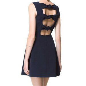 Zara Sleeveless Flowy Mini Dress Open Back Bow Detail Navy Blue Size S